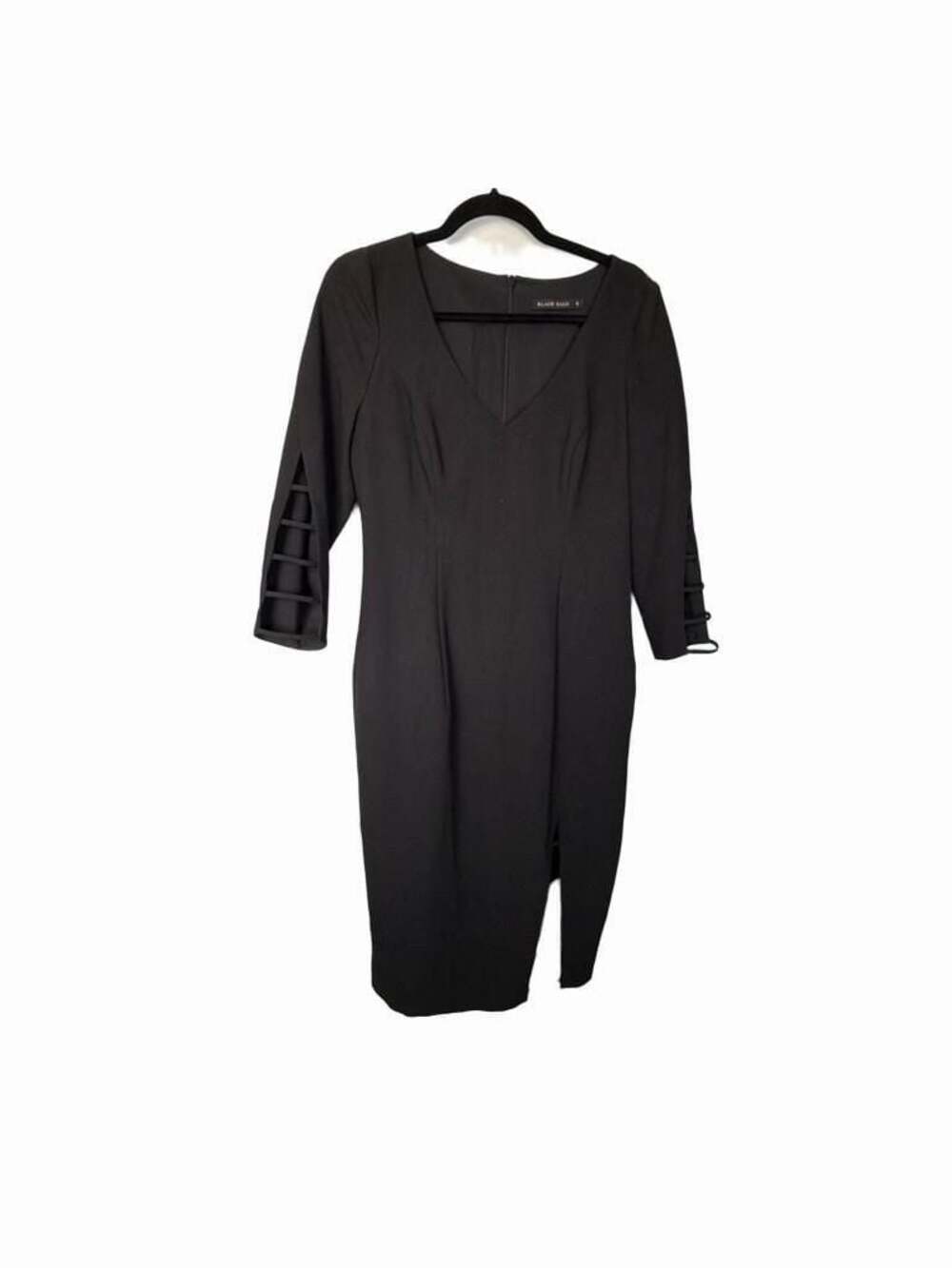 Black Halo Black V-Neck Sheath Midi Dress with Ladder Cutout Sleeves and Slit_13